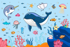 卡通鲸鱼可爱海豚海底动物背景墙