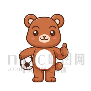 可爱卡通踢足球的棕熊