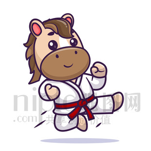 可爱卡通练习跆拳道武术的马