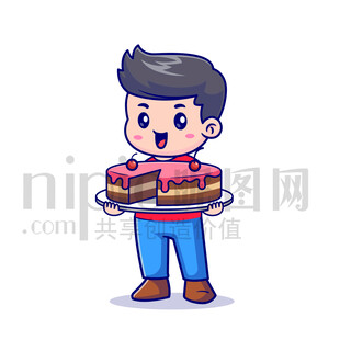 可爱卡通抱着生日蛋糕的男孩