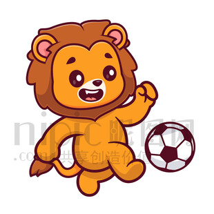 可爱卡通踢足球的狮子