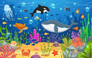 卡通鲸鱼海底世界珊瑚热带鱼背景