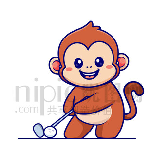 可爱卡通打高尔夫球的猴子