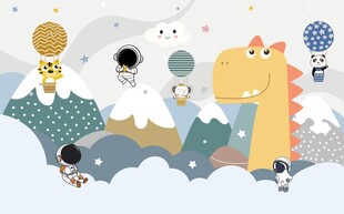 卡通手绘太空人动物儿童背景墙