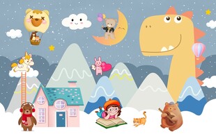 卡通山峰云朵手绘动物背景墙