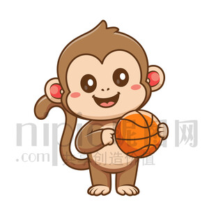 可爱卡通抱着篮球的猴子