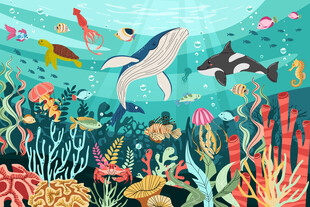 卡通海洋鲸鱼海底动物珊瑚背景墙