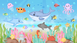 可爱海豚鲸鱼水彩海底珊瑚背景墙