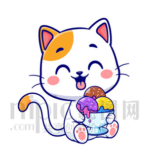可爱猫咪开心吃冰淇淋