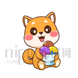 可爱柴犬抱着美味冰淇淋