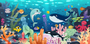 梦幻海底世界可爱海洋生物背景墙
