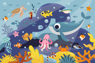 卡通海底洞穴可爱海洋动物背景墙