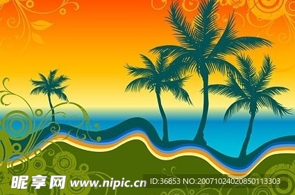 海边椰树剪影与潮流花纹矢量素材