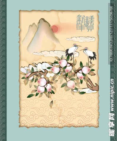 国画矢量图：仙鹤寿桃图