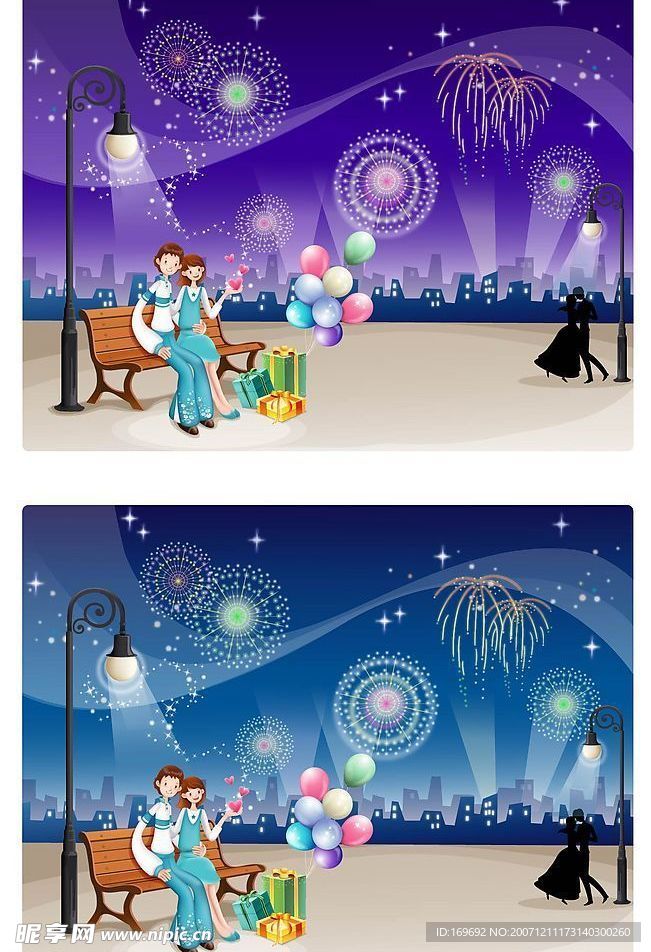 矢量小情侣+超绚烟花背景