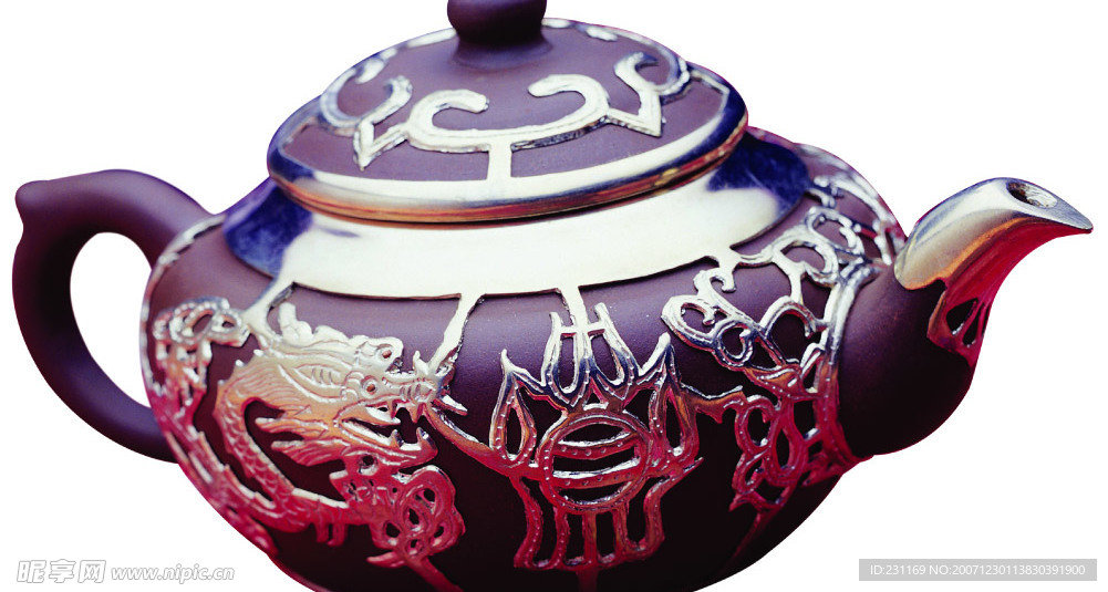 镂空金属花纹紫砂茶壶