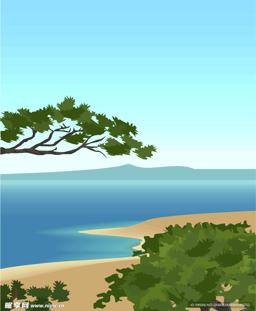 矢量苍松和大海风景