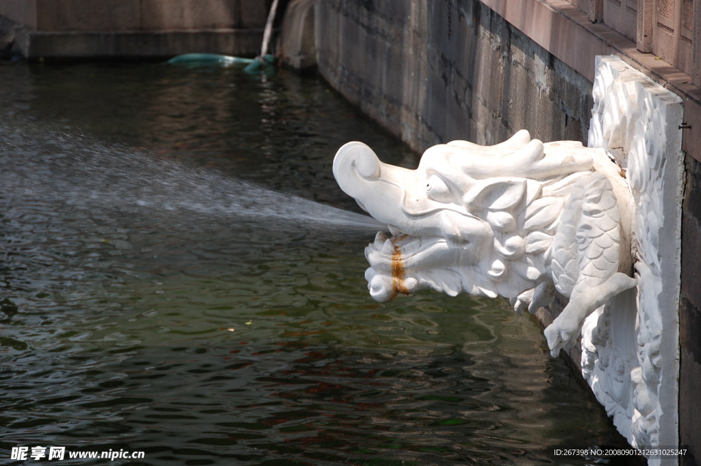 传统建筑水池中的喷水龙
