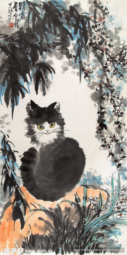 庞希泉现代国画~猫与梅