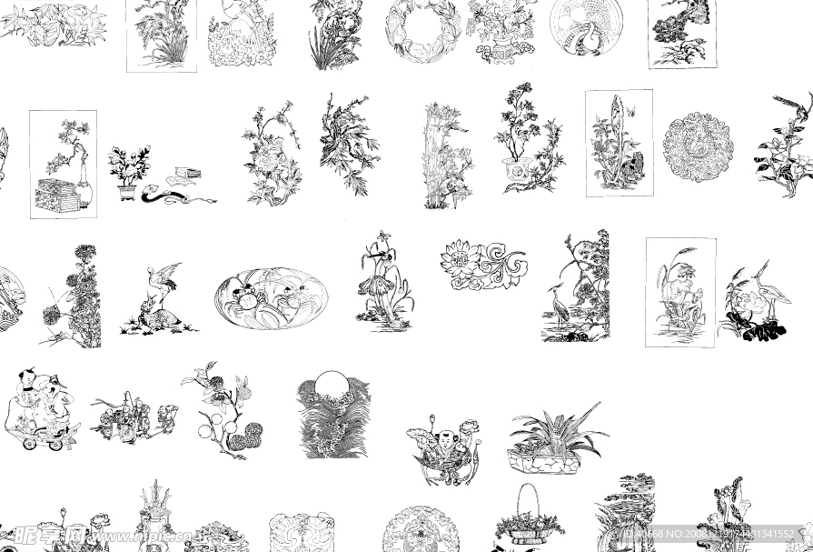 中国传统元素线稿黑白矢量图