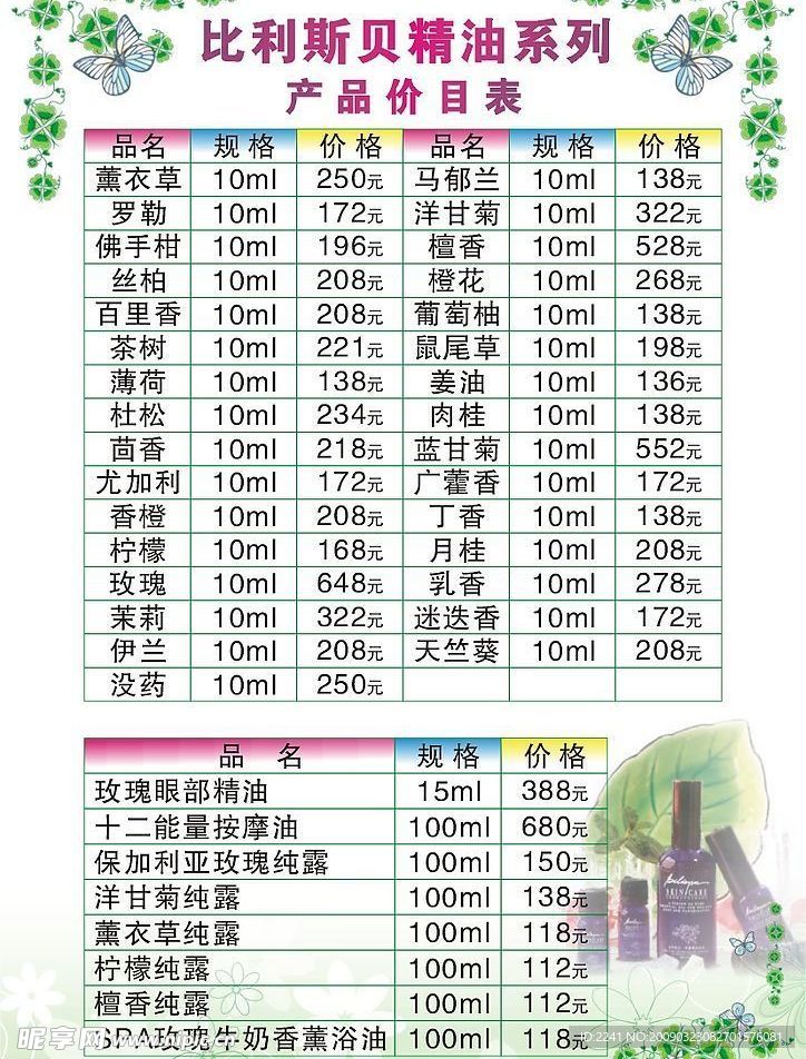 比利斯贝精油系列产品价目表