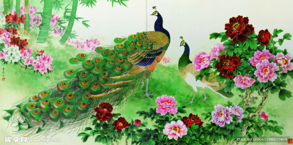 国画孔雀牡丹