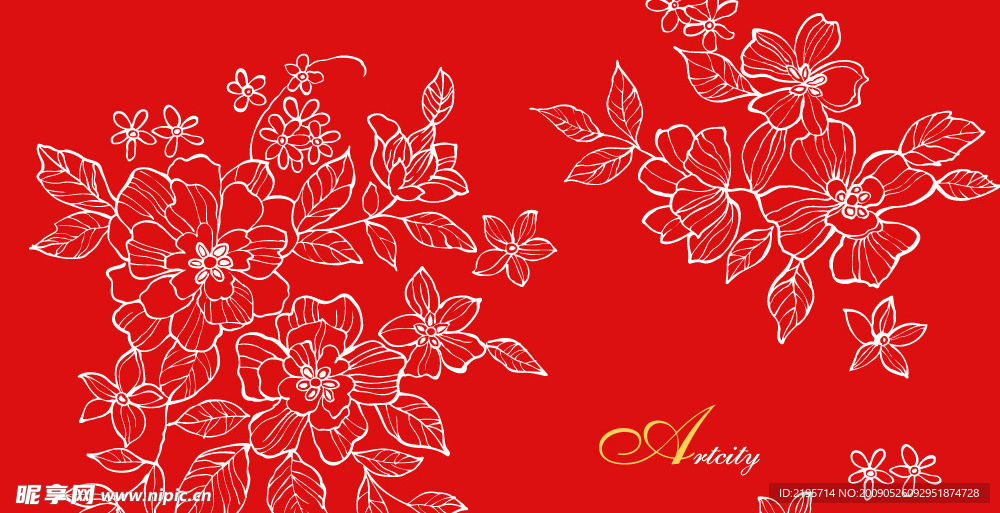红色背景白描牡丹花矢量图