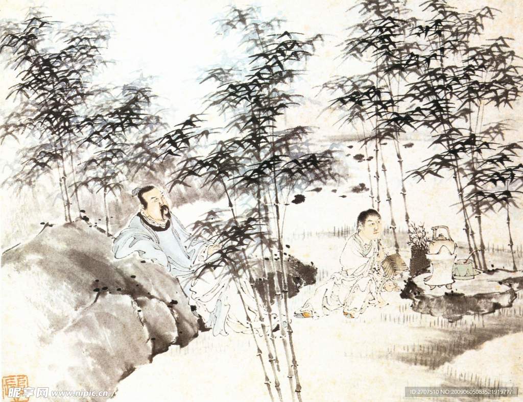 中国画 竹子 人物