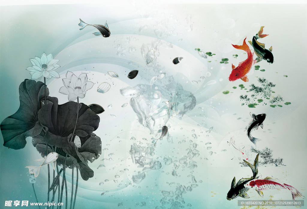 鲤鱼戏荷 水墨画