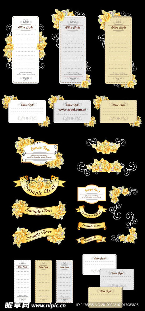 丝带卡片与手绘花卉矢量素材