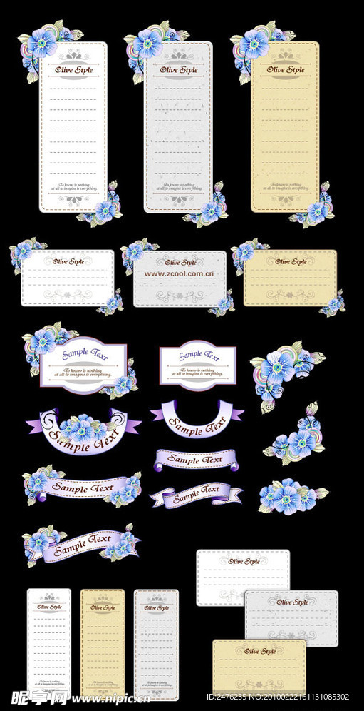 丝带卡片与手绘花卉矢量素材