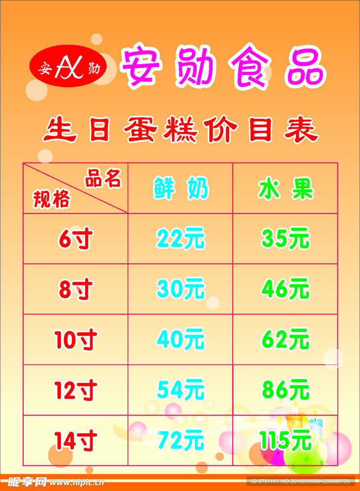 生日蛋糕价目表