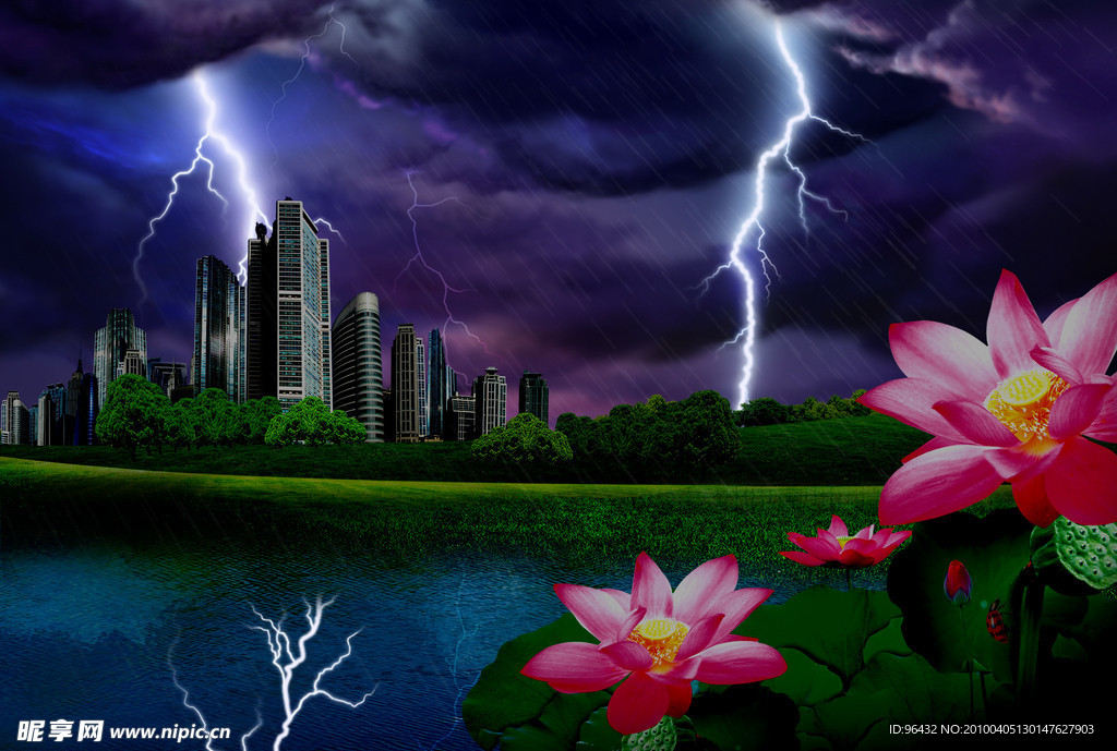 环保城市闪电雨夜
