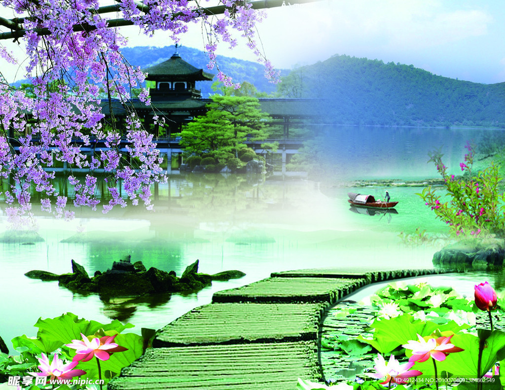山水荷花风景图