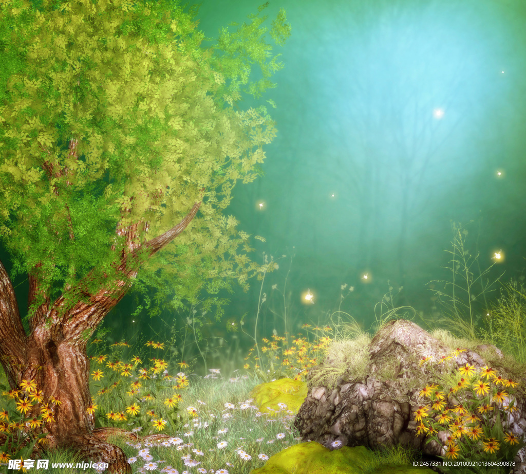 童话世界 影楼背景 萤火虫 绿树 花丛