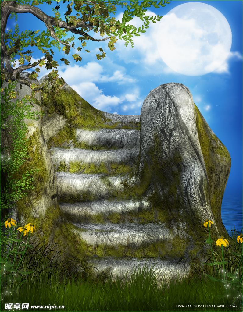 浪漫背景 影楼背景 石梯 圆月