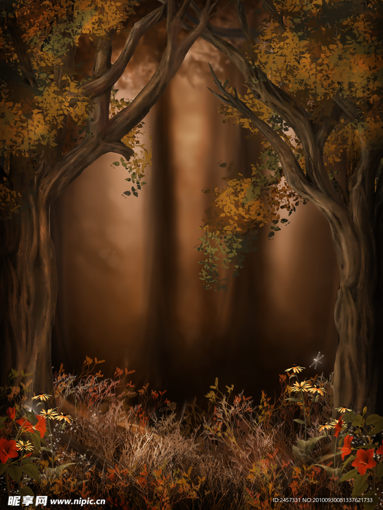 梦幻浪漫秋天背景 花朵 枫叶 影楼背景