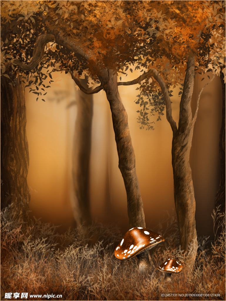 梦幻浪漫秋天背景 蘑菇 枫叶 影楼背景