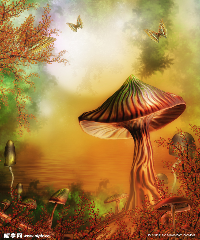 梦幻童话影楼背景 蘑菇树 蝴蝶 红叶