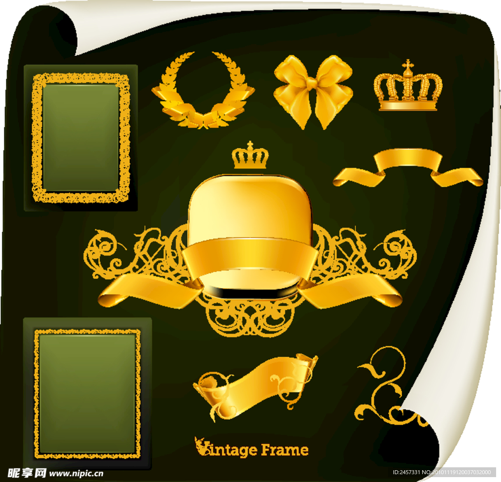 金色古典花纹 花边 边框 丝带 盾牌 皇冠 蝴蝶结