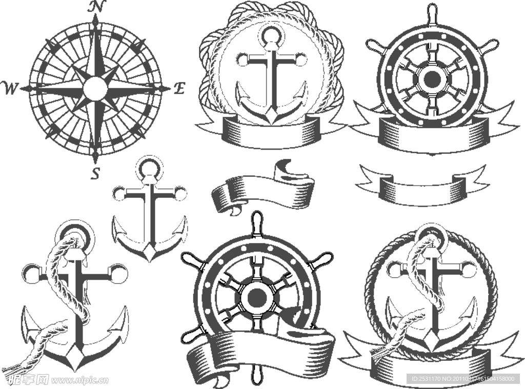 船锚 舵 古典丝带横幅