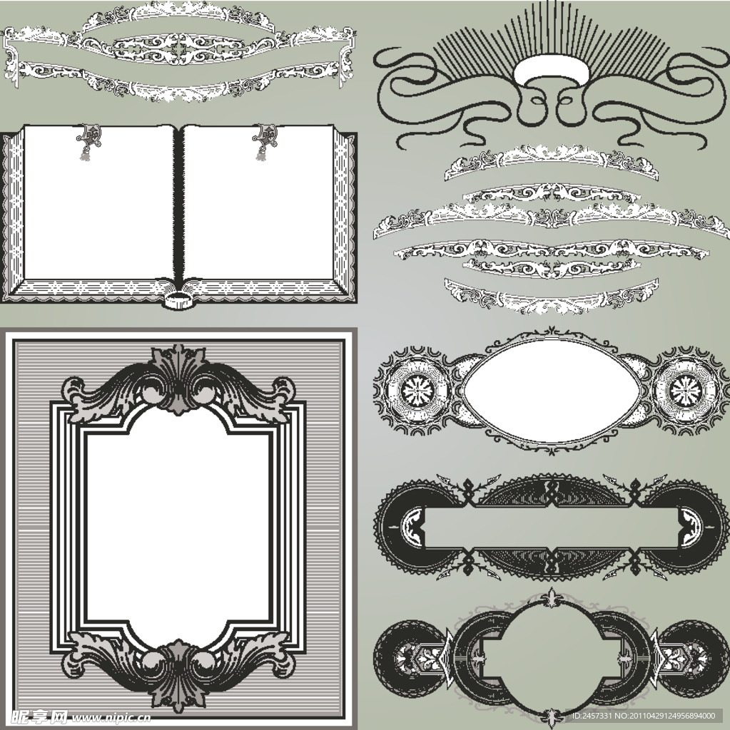 古典花纹花边框 丝带