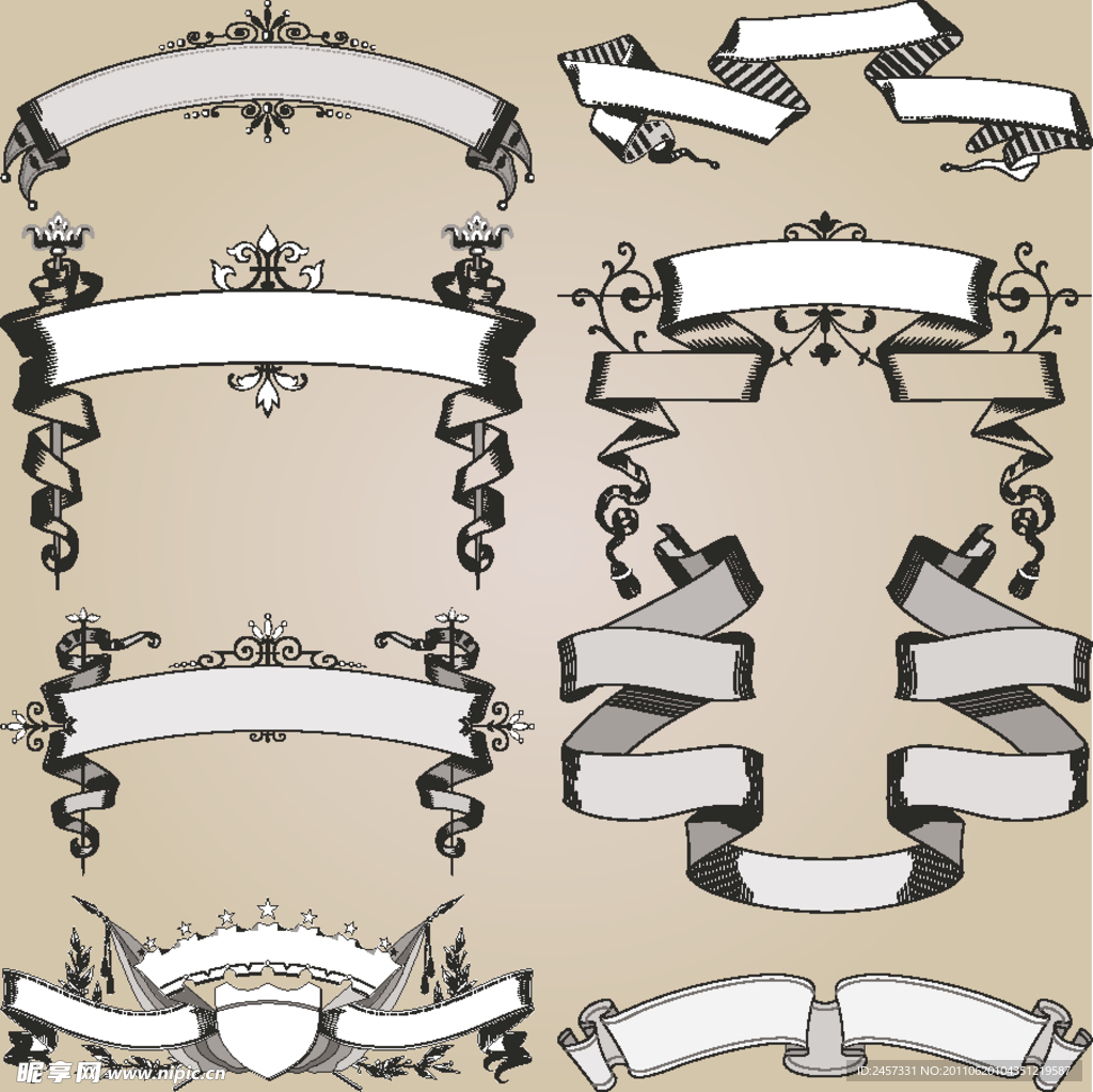 古典花纹花边框 丝带