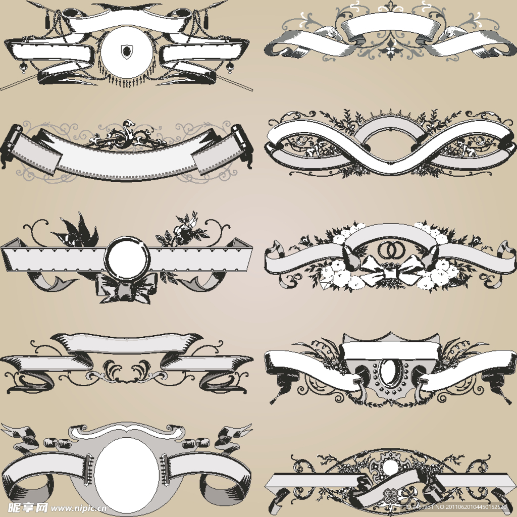 古典花纹花边框 丝带