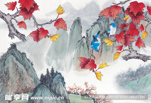 枫叶 移门 水墨画
