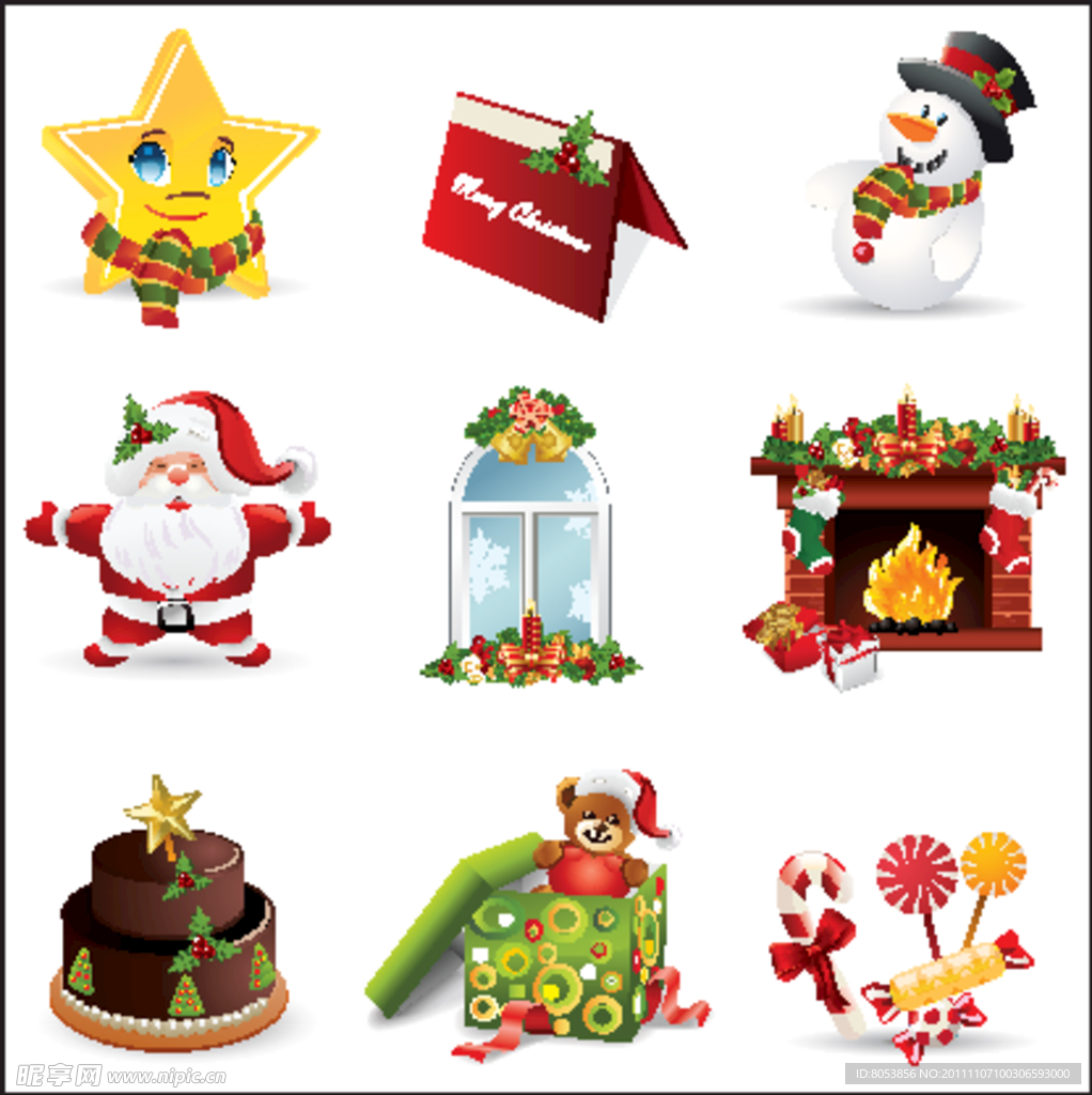 圣诞节图标 贺卡 圣诞老人 壁炉 窗户 雪人
