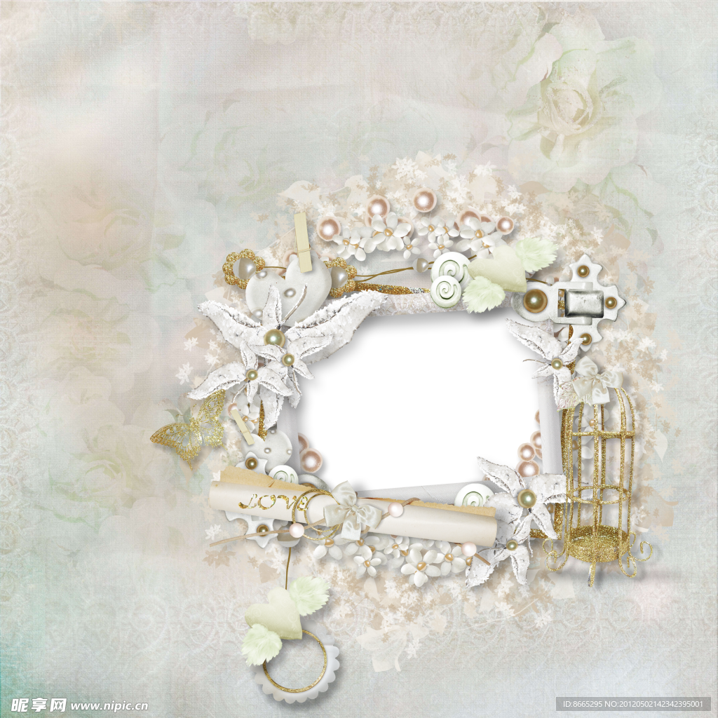 洁白的金色鸟笼婚礼相框