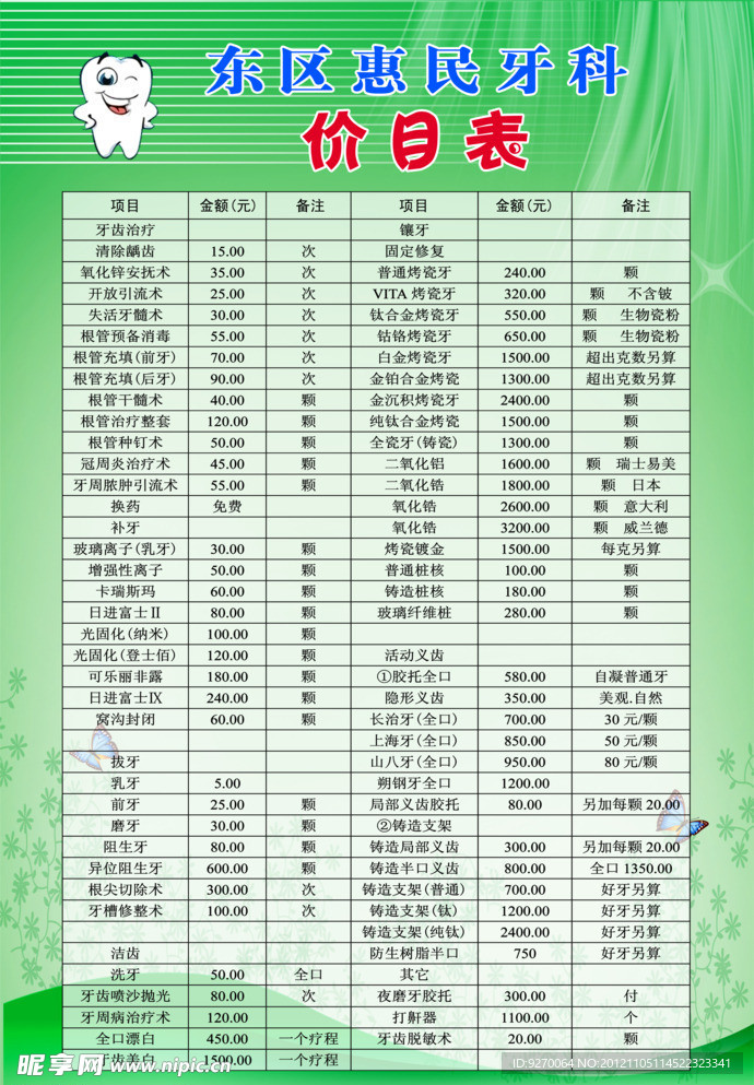 牙科价目表