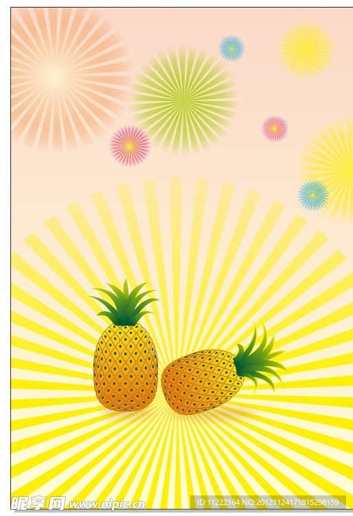 水果类黄色菠萝 熟的菠萝 黄色发射光海报底纹