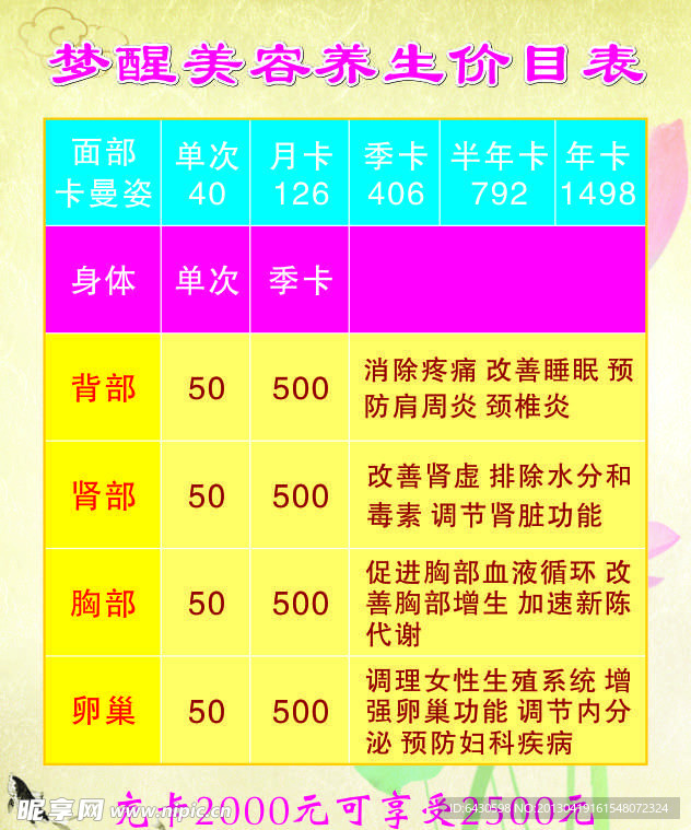 美容养生价目表
